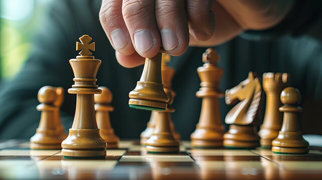 Close-up of a hand moving a chess piece on a wooden chessboard, focusing on strategy and concentration in a classic game of chess.