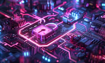 Obraz premium Cloud storage security, digital padlock, encrypted data, futuristic interface, high detail, cyber elements, neon lights, 3D rendering, blue and purple hues
