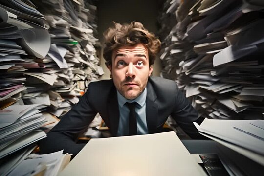 Portrait of Crazy business man with stack of papers in the office. Overwork and stress at work concepts.