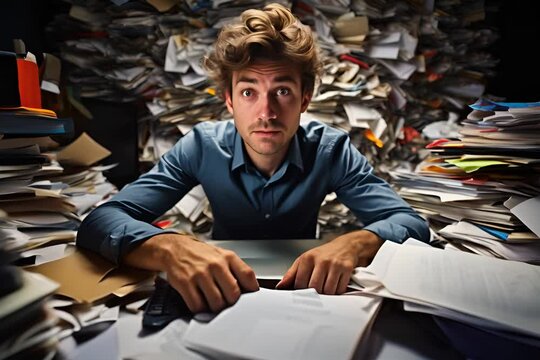 Portrait of Crazy business man with stack of papers in the office. Overwork and stress at work concepts.