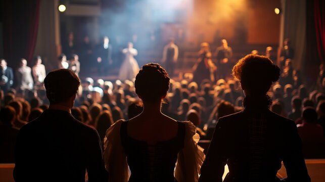 The image captures the back view of an audience watching a stage performance with actors in the spotlight