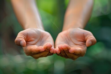 Close-up of open hands extended forward in a gesture of receiving or giving against a blurred green background.