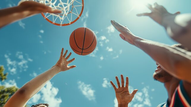 Close-up of a basketball shot being contested by players under a clear blue sky
