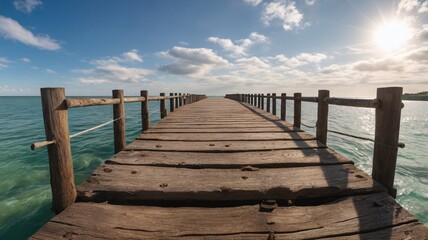 A weathered wooden pier stretches out towards the horizon on a summer day at the beach