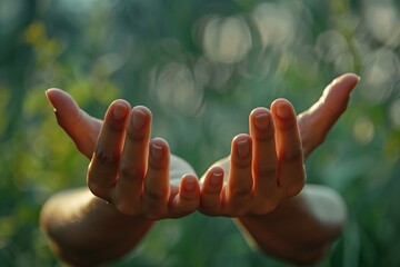 Open hands reaching forward against a blurred green nature background, symbolizing openness, giving, and connection with nature.