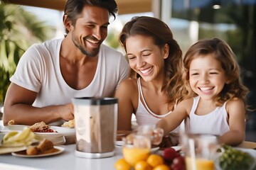 Happy family in kitchen. Father, Mother and child daughter making smoothie in the kitchen. - Powered by Adobe