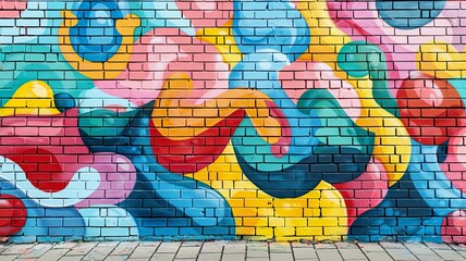 Obraz premium Vibrant street art mural on a brick wall showcasing abstract colorful patterns and shapes in an urban setting.