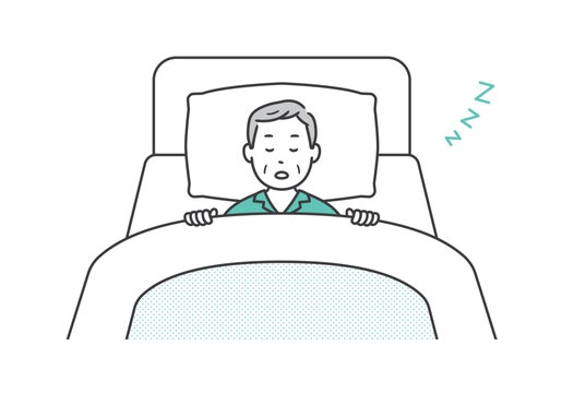 recommend clip art: ベッドで熟睡するパジャマ姿の高齢男性のイラスト