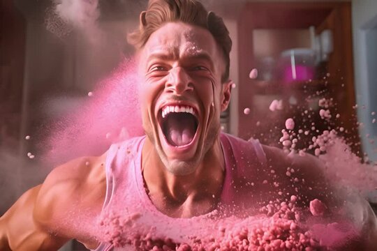 The crazy Muscular caucasian man with his collagen or with protein in powder. protein powder for making whey drink or collagen cocktail.