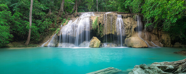 Beauty in nature, amazing Erawan waterfall in tropical forest of national park, Thailand	