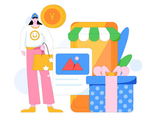 Naklejka premium Holiday shopping people doing e-commerce online shopping flat vector concept operation hand drawn illustration 