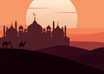 Panoramic view of a mosque in the desert. Illustrated in flat style,