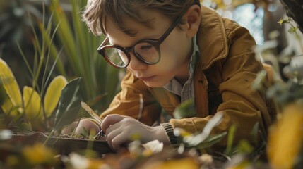 Curious boy examining insects in the backyard,  fascinated by natures wonders