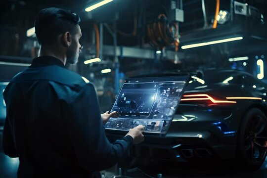 Automotive Engineer Working on Electric Car, Using computer with Augmented Reality Software. Innovative Facility.