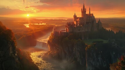 Fototapeta premium Grand castle on a cliff, overlooking a vast, enchanted landscape at sunset