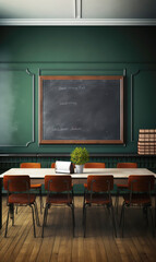generated illustration of  empty classroom with many wooden chairs