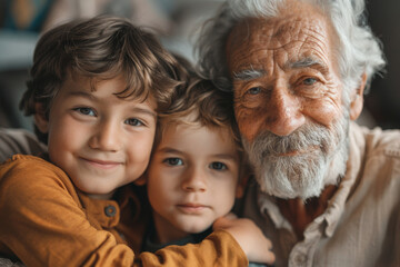 A portrait of an elderly man with white hair and a beard, posing for the camera together with his two young male grandsons in their home, blurred background.