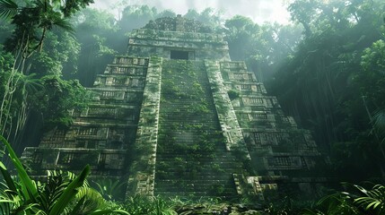 Obraz premium Majestic Mayan pyramid surrounded by dense jungle and ancient carvings