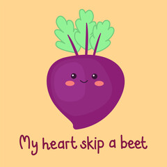 Cute smiling beet with quote “My heart skip a beet” on yellow background. Fruit and vegetable pun for card design in love concept