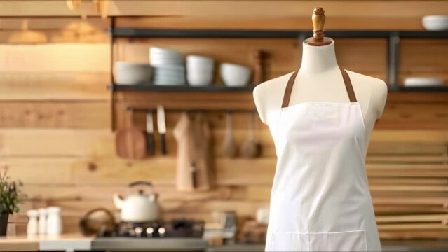 Mockup of a white apron on a mannequin for branding purposes. Concept Brand Mockup, White Apron, Mannequin Display, Branding Design, Product Showcase