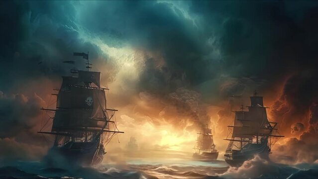 Pirate and ghost ships embark on a thrilling journey against a dramatic backdrop. Concept Pirate Ships, Ghost Ships, Thrilling Journey, Dramatic Backdrop, Adventure