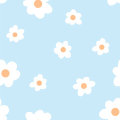 Cute seamless pattern background of white flowers, white daisy on pastel blue background