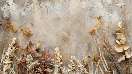 Serene Botanical Composition with Dried Leaves and Flowers on Textured Background