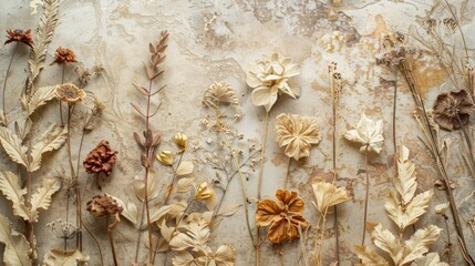 Serene Botanical Arrangement with Dried Leaves and Flowers on Textured Background
