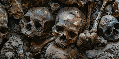 Scattered Assorted Human Vintage Dirty Bones For Background Created Using Artificial Intelligence