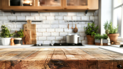 Minimalist Wooden Table Setting with Kitchen Background for Product Display Montage Ecommerce Concept Design Interior