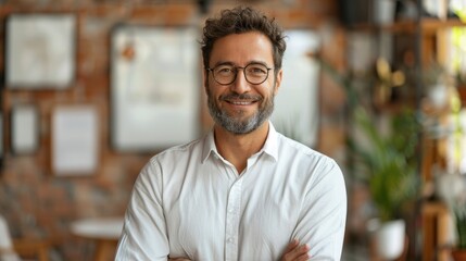 Fototapeta premium A confident, smiling man with glasses and a beard, wearing a white shirt, standing in a modern office environment.