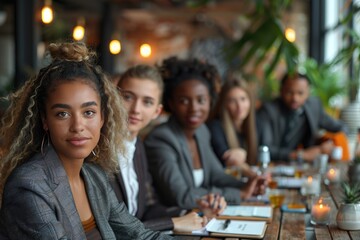 Obraz premium A diverse group of professionals having a meeting in a cozy, modern office setting, with focus on one individual in the foreground.