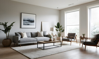 Spacious modern living room with stylish grey sofa, wooden furniture, and tasteful art, bathed in natural light from large windows