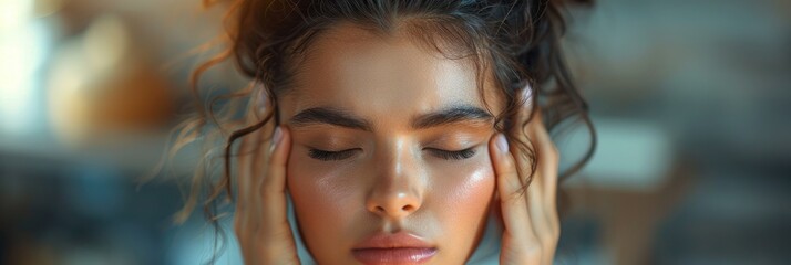 A woman with closed eyes and a relaxed expression holds her temples, possibly meditating or relieving stress, in a serene environment.
