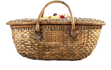 A wicker picnic basket filled with fresh fruit, perfect for a summer picnic or outdoor gathering against a clean, white background.