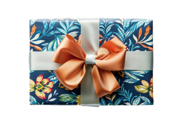Beautifully wrapped gift box with floral print and large satin bow, perfect for any special occasion or celebration.