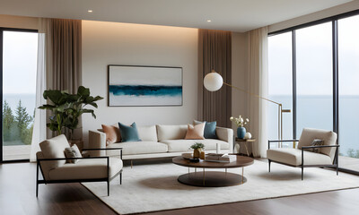 Fototapeta premium Contemporary living room with elegant seating area, expansive windows, and stunning ocean view