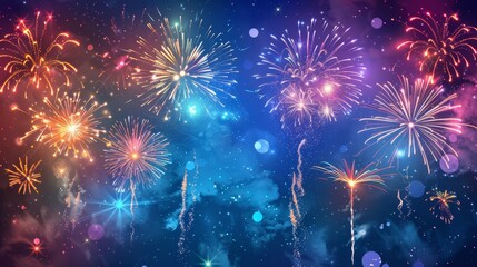 Fototapeta premium Colorful fireworks in the night sky, festive celebration, bright lights