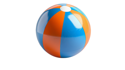 Colorful inflatable beach ball with orange and blue stripes, perfect for summer playtime at the beach or pool.