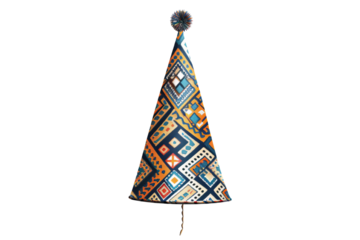 Colorful cone-shaped object with intricate geometric patterns. Perfect for cultural and artistic themes.
