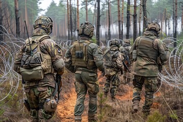Fototapeta premium Soldiers wearing tactical gear and helmets patrolling a forest. Barbed wire. Camouflage. Securing the border. Armed forces. Regiment. Army. Military police. Special forces