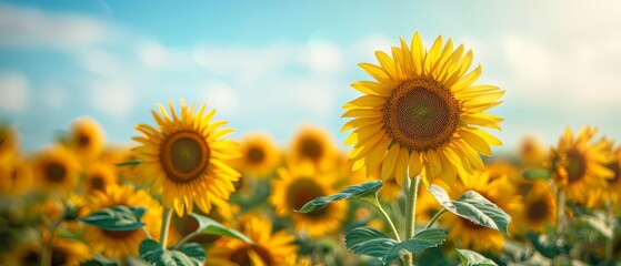 Fototapeta premium Field of sunflowers with blue sky, cheerful and bright, summer vibes, copy space