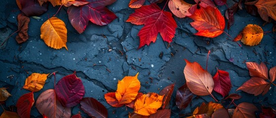 Autumn leaves on ground, rich colors, seasonal atmosphere, nature background, copy space