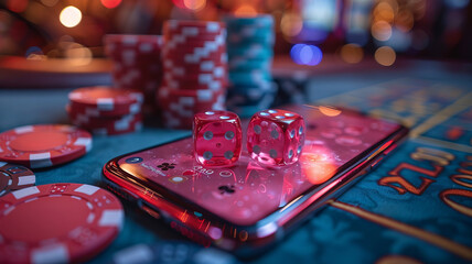 3D online casino with smartphone or mobile phone, dice, cards, and roulette on a green table.generative ai