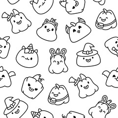 Cute kawaii Halloween pumpkin. Seamless pattern. Coloring Page. Holidays cartoon character. Monsters faces. Hand drawn style. Vector drawing. Design ornaments.