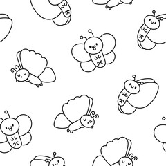 Adorable kawaii baby butterflies. Seamless pattern. Coloring Page. Cute cartoon insects with wings. Hand drawn style. Vector drawing. Design ornaments.