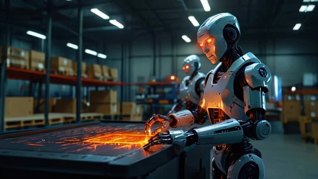 The video depicts two gray and white robots working on an assembly line.