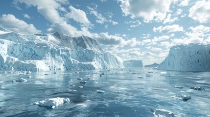 Fototapeta premium Melting Glaciers and Icebergs: Illustrate melting glaciers, ice caps, or icebergs in polar regions, with chunks of ice breaking off and melting into the ocean.