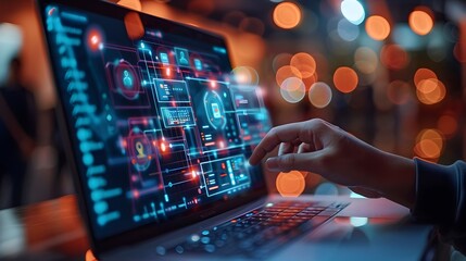 Hands Holding Laptop Displaying Interactive Virtual Conference Features for Digital Business Communications