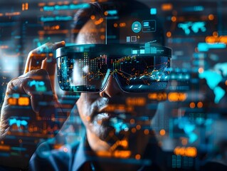 Businessman Utilizing Augmented Reality Glasses to Visualize Network Data and Business Metrics for Strategic Planning and Decision Making